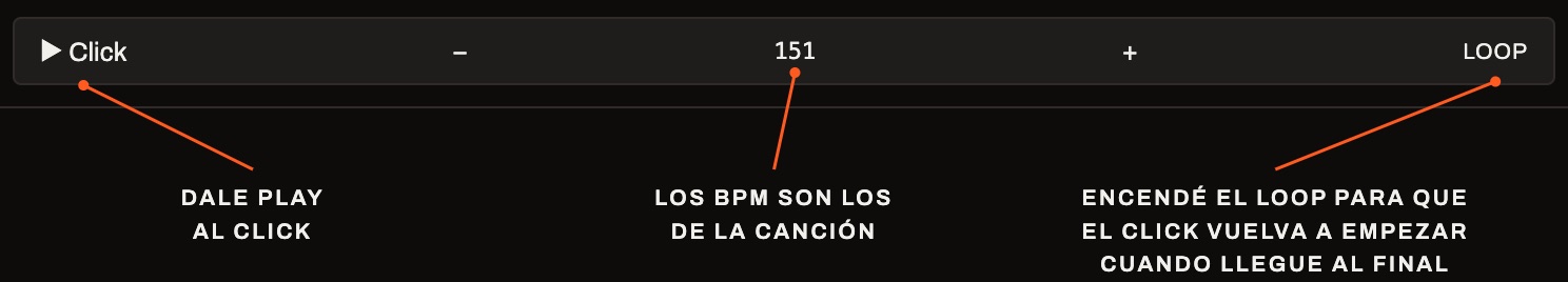 La barra del click: play, los BPM de la canción y el LOOP