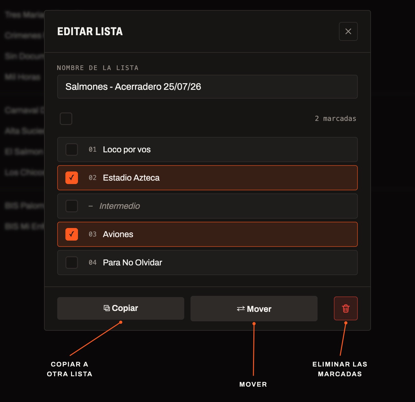 El editor de lista con dos canciones marcadas y los botones Copiar, Mover y Eliminar señalados