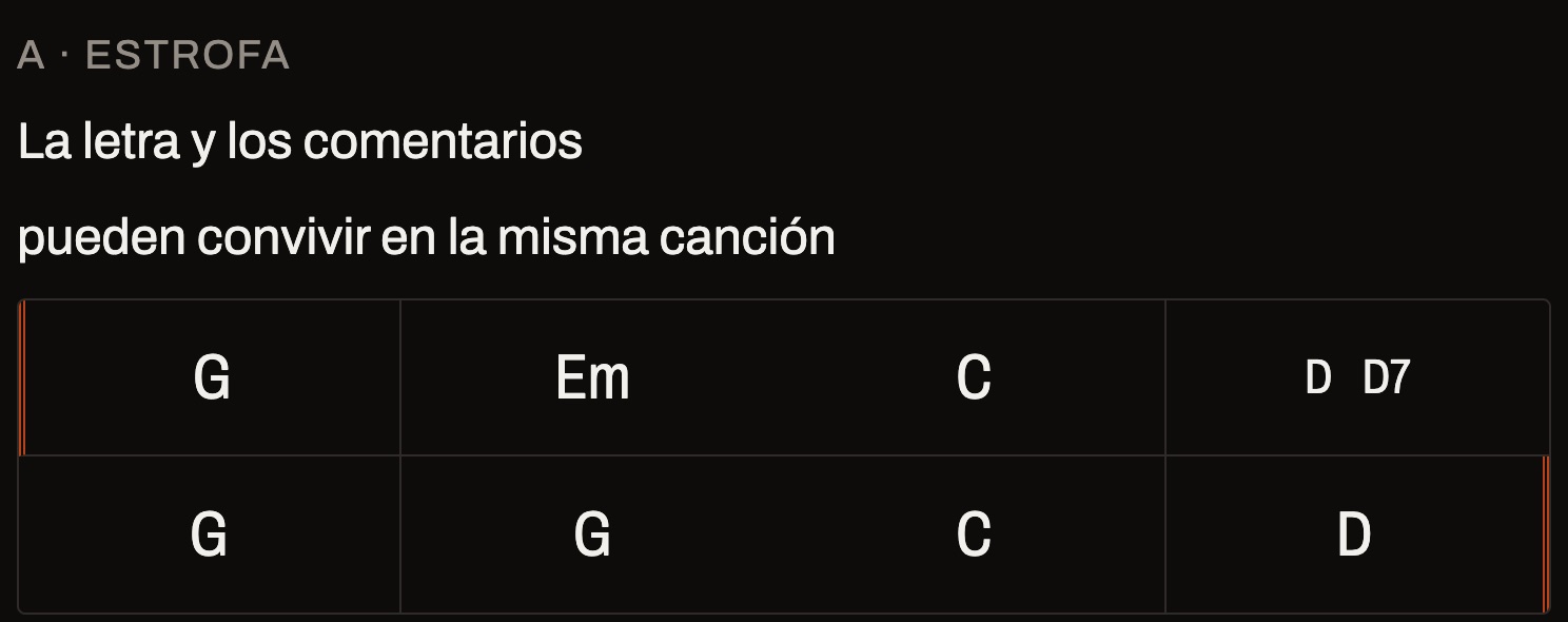 Ese bloque, renderizado: el comentario, los dos versos y los ocho compases con la repetición marcada