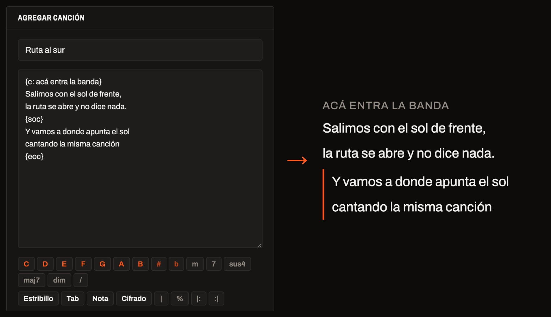 A la izquierda el editor con una nota y un estribillo marcado; a la derecha, cómo se ve fuera del editor