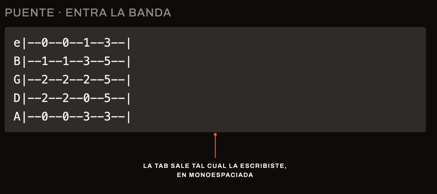 Una tablatura de guitarra renderizada en monoespaciada, señalada