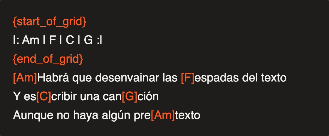 De cerca: las marcas y los acordes entre corchetes, resaltados, tal como se escriben