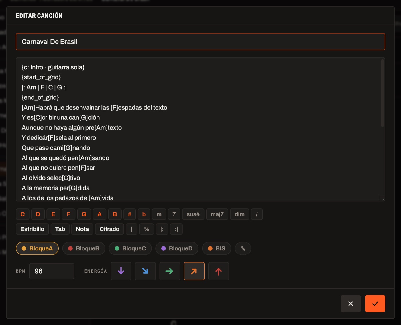 Editar canción: la paleta de acordes, las marcas de cifrado y tab, los bloques, el BPM y la energía