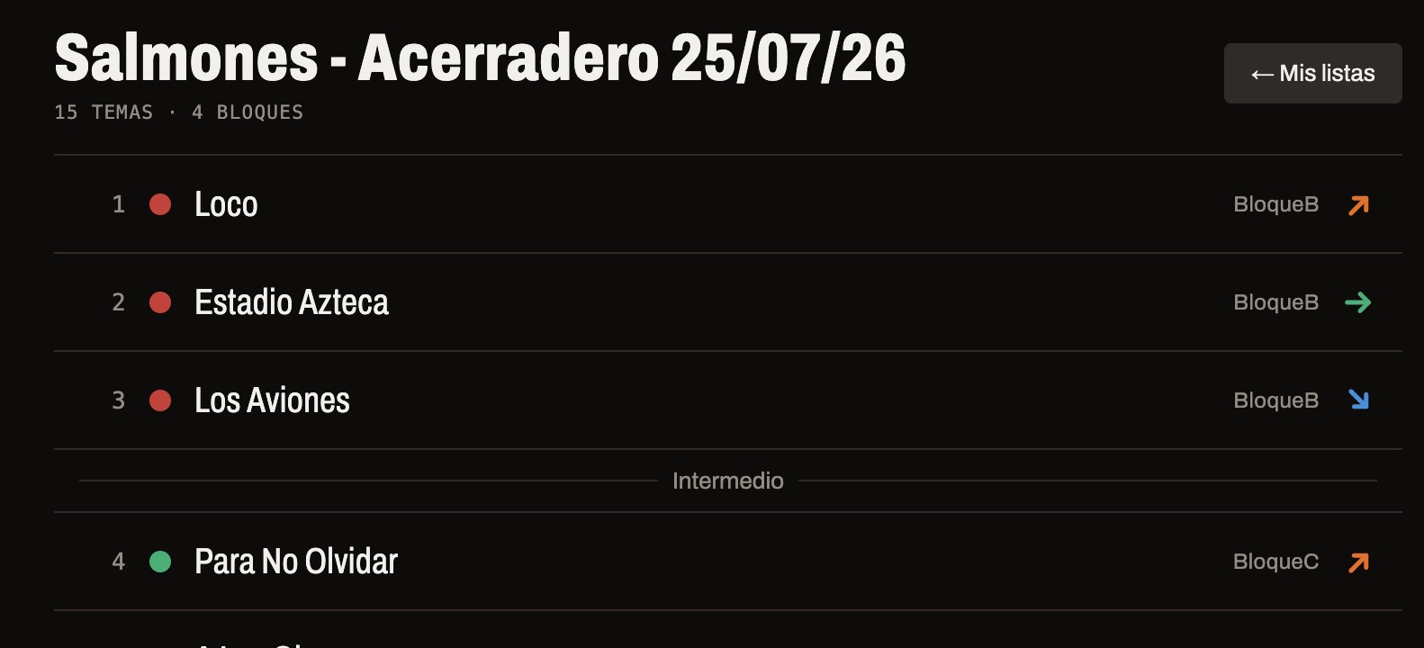 La lista del show en pantalla completa: el título, los bloques de colores y la energía de cada tema